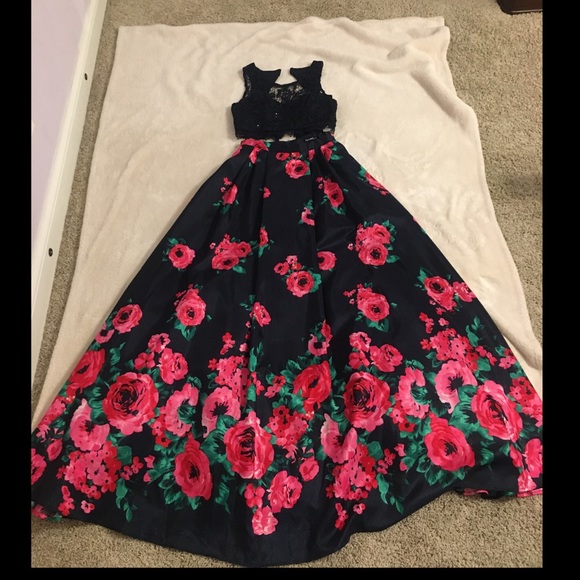 Sequin Hearts Navy Blue Floral Prom Dress - Picture 3 of 7